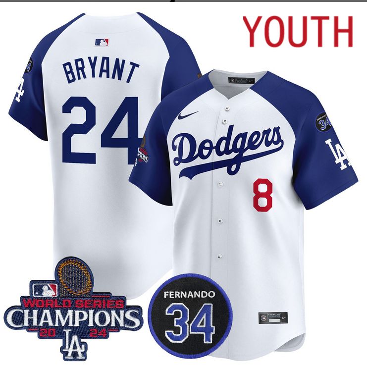 Youth MLB Los Angeles Dodgers 24 Bryant white 2024 World Series Champions Patch Limited Jersey style 2